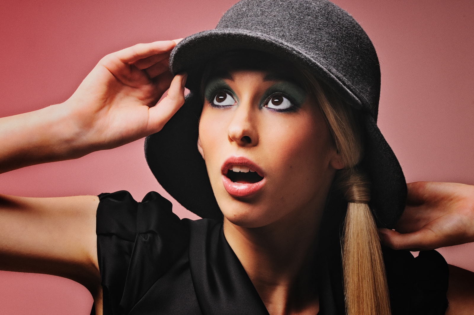 The deer stalker - Colour, Felt Hats Hats and Beauty in The Studio, Grey Hat Puce Background, olive green eyeshadow - photography by Kent Johnson.