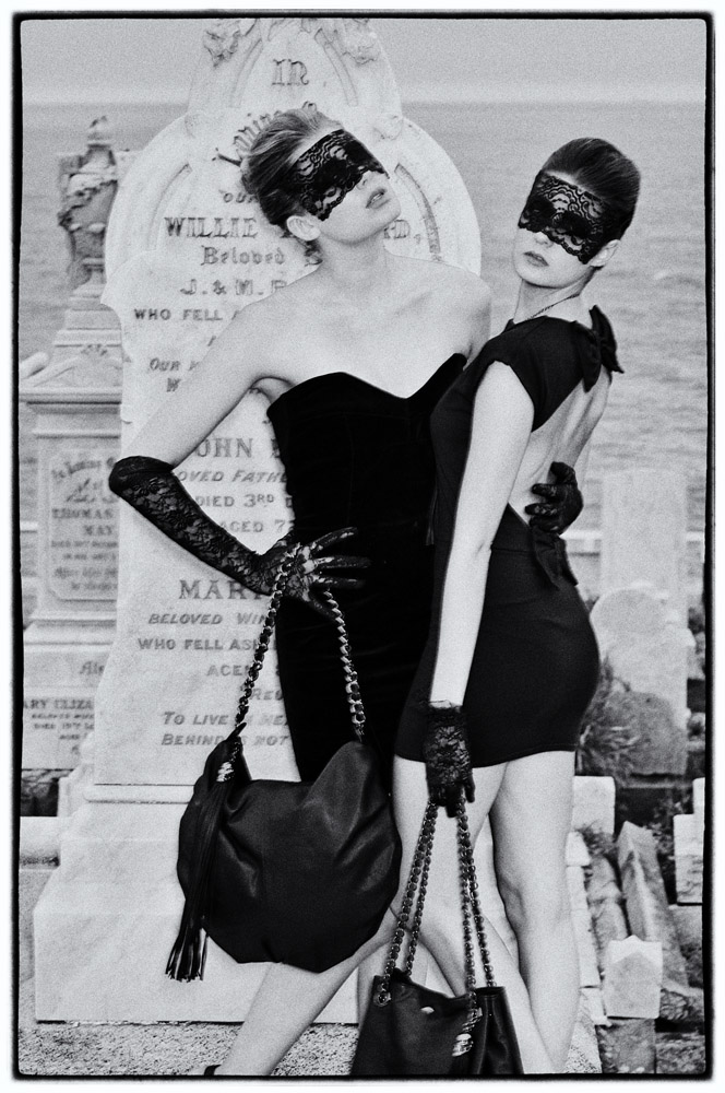 Black and white photographyu, Gothic Fashion Photography by Kent Johnson with two models, Love & luck, Skull and Bones Campaign, Sydney, Australia.