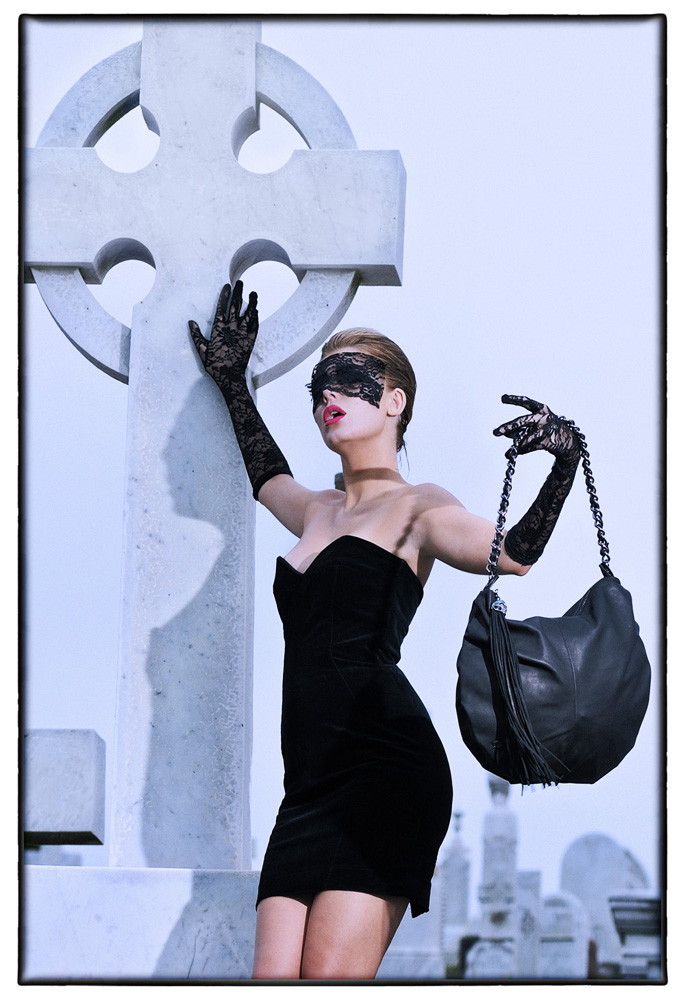 Gothic Fashion Photography by Kent Johnson, old cemetery black dress and mask, Love & luck, Skull and Bones Campaign. Sydney, Australia.