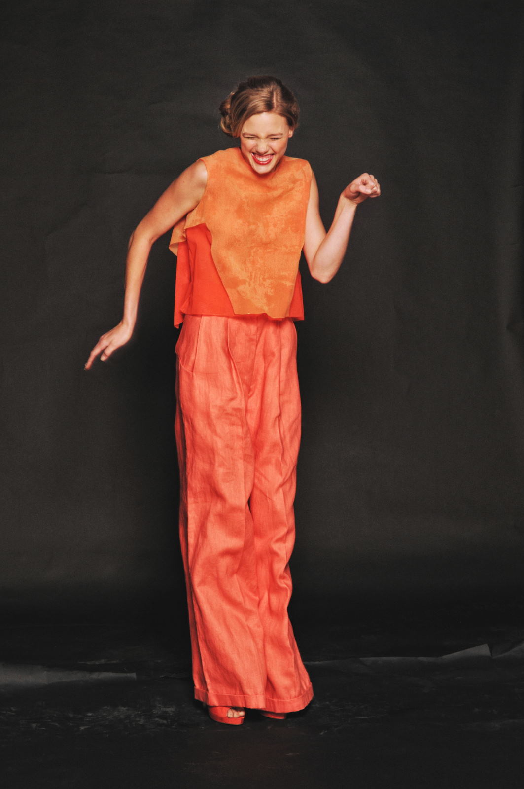 JUMP! Sydney Couture Studio Shoot, custom print orange fashion fabrics. Photography by Kent Johnson