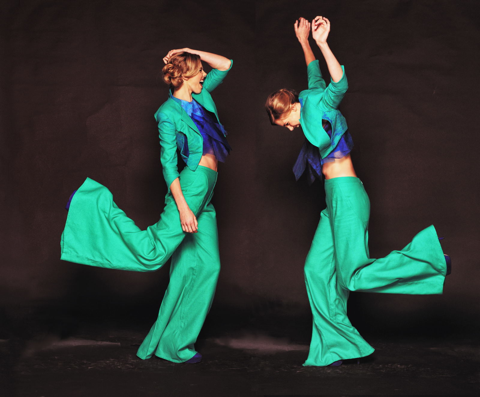 Double shot - Model in green pants suit, high fashion photoshoot shoot studio shots with Momentum. Photography by Kent Johnson.