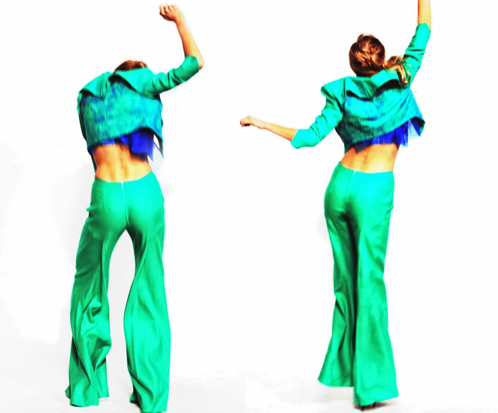 Jumping and spinning, Couture Studio Shoot, green pants suit from behind. Photography by Kent Johnson.