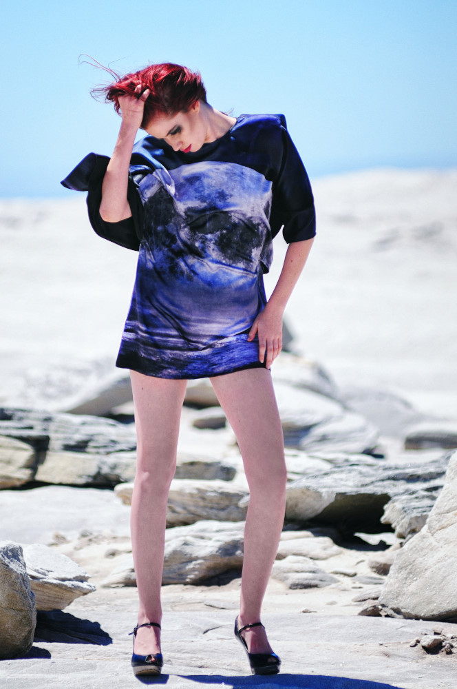 Sydney Fashion Editorial Photography by Kent Johnson; Moon Dress in colour and a Kurnell Moonscape. The Girls Who Fell To Earth.