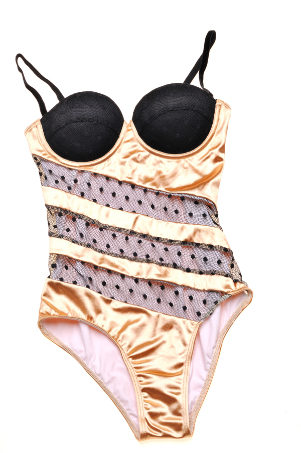 lace and gold swimsuit with mesh panels, Studio flatly image by Kent Johnson.