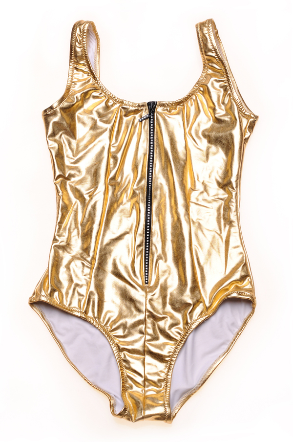 Luxury, gold one-piece swimsuit with Swarovski crysal details. Fashion flat lay photographed by Kent Johnson.