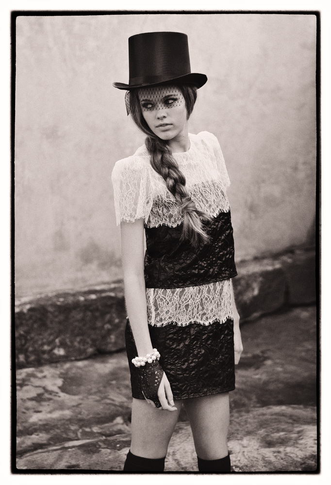 Lace and leatherette dress, on loaction, The Rocks, Sydney, fashion photographed by Kent Johnson.