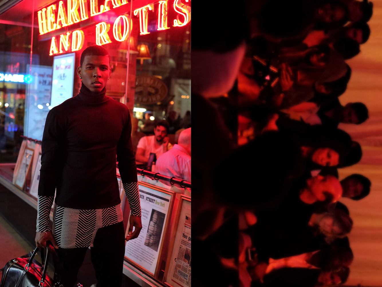 Asymmetrical turtle neck in red neon light at Empire State - image paired with a fashion parade crowd also bathed in red light. Menswear photographed in New York City by Kent Johnson.