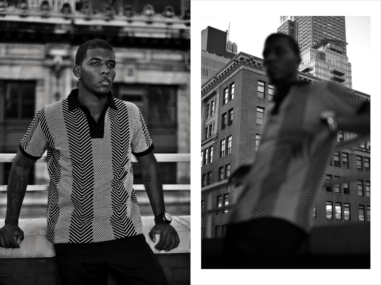 Black and white location shot, herringbone vee neck shirt on balcony with New York skyline. Menswear photographed in New York City by Kent Johnson.