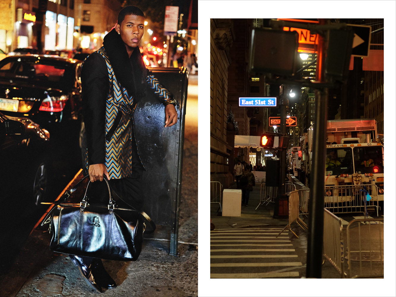 Night shot, man's chevron coat with contrasting NY streetscape photograph, East 51st Street, for marketing and social media. Menswear photographed in New York City by Kent Johnson.