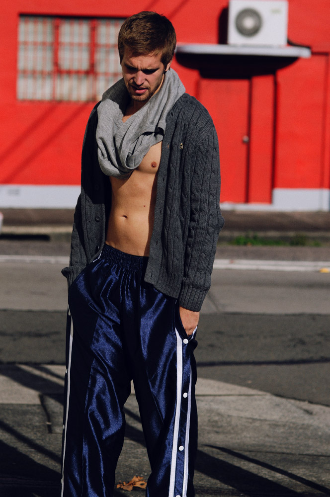 Rapture in Sydenham - menswear, MERC Jenz Grey Knit Vest, Sneath Charcoal Knit button front Cardigan, Vintage Blue Nike Track pants - Editorial Fashion Photography by Kent Johnson.