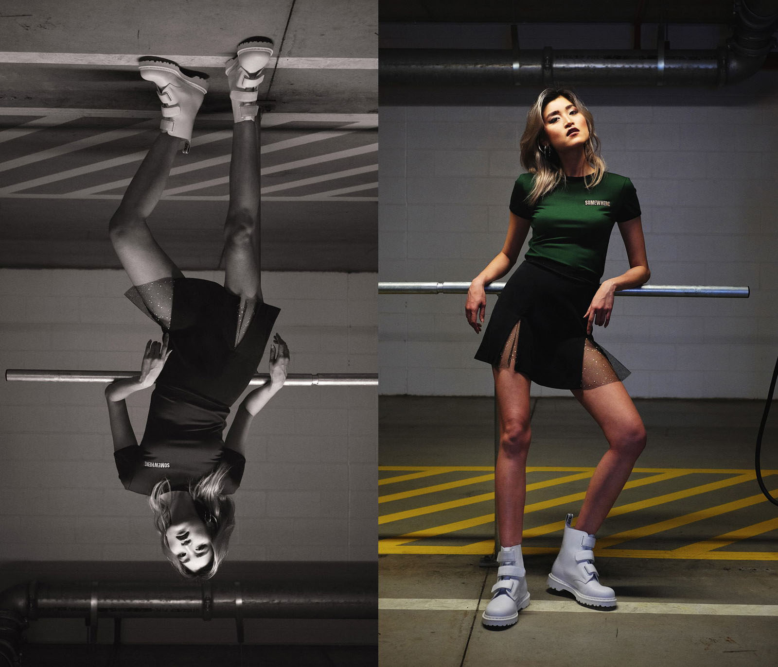 Diagonal lines in black and white - model rests against a metal railing wearing a monogrammed tee shirt and split skirt. Sydney car park photoshoot for Somewhere Label. Photography by Kent Johnson