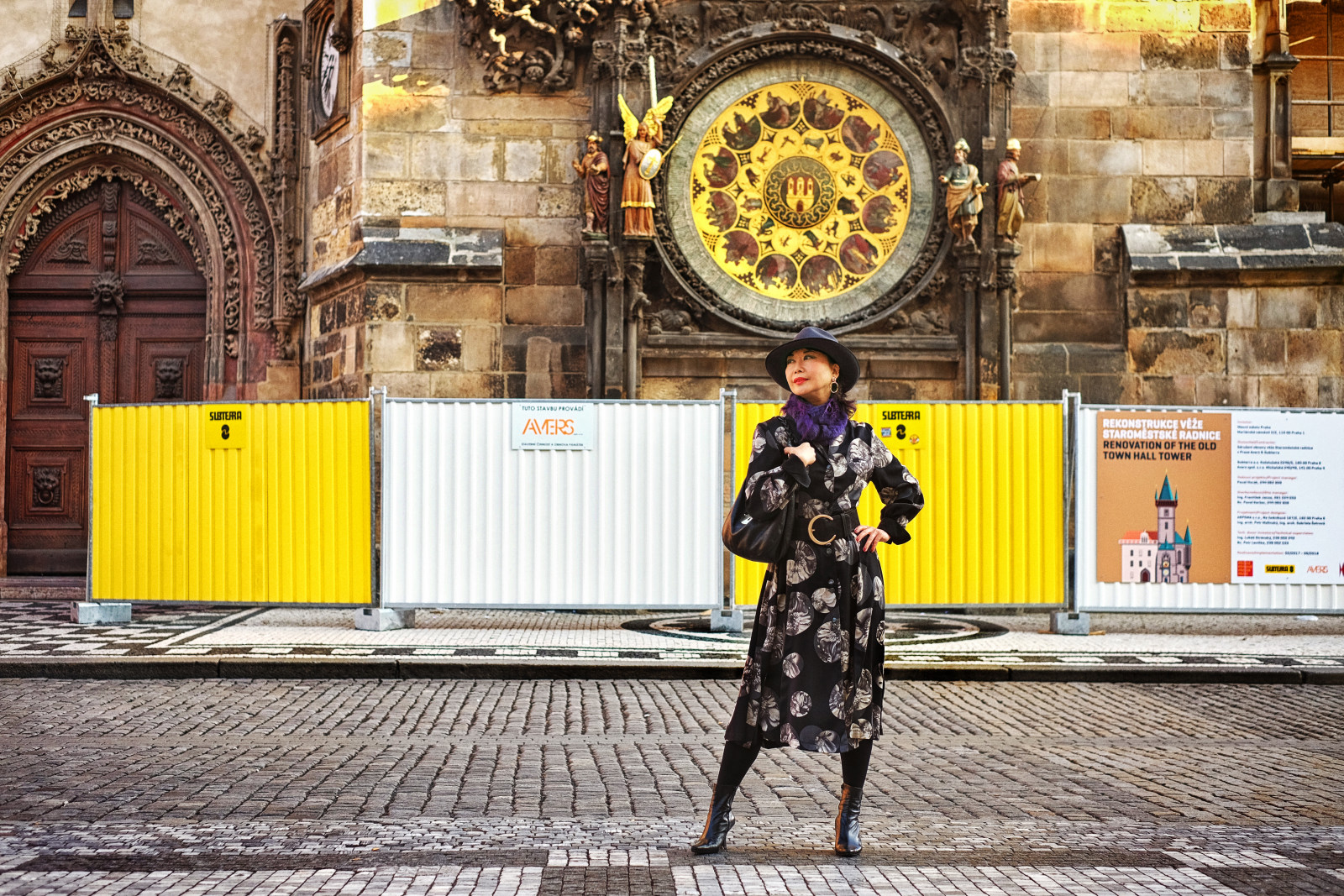 The Prague Astronomical Clock - Prague Orloj, THeme dress, modelled and styled by White Caviar Life, Fashion Photography by Kent Johnson