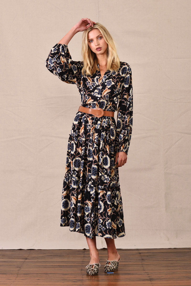 Floral long sleeve maxi dress - eCommerce Studio Fashion Photography by Kent Johnson. Fashion marketing campaign, model on white background.