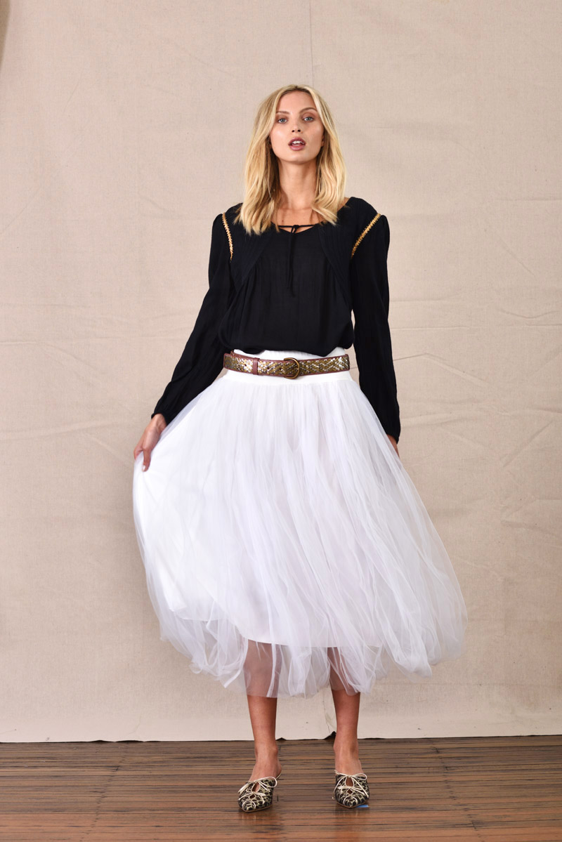 Boho Blouse and French tulle skirt  eCommerce Studio Fashion Photography by Kent Johnson. Fashion marketing campaign, model on canvas background.