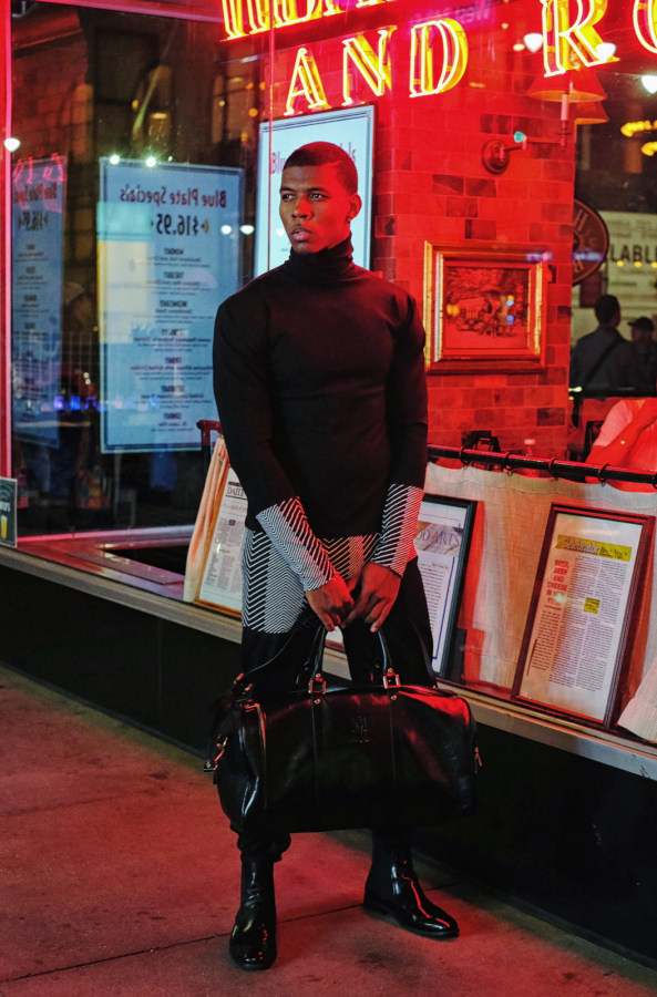 Male Model, New York City at Night, Red Neon Glow, Menswear Range