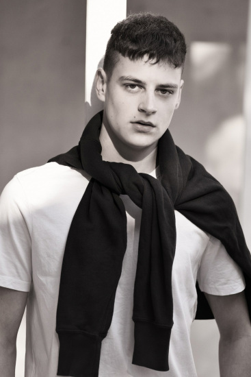 Mason from IMG models, horizontal headshot in Black and White