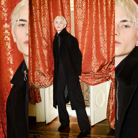 Matt Mood, red draped curtains, luxury hotel suite Milan, Italy. Fashion photography by Kent Johnson