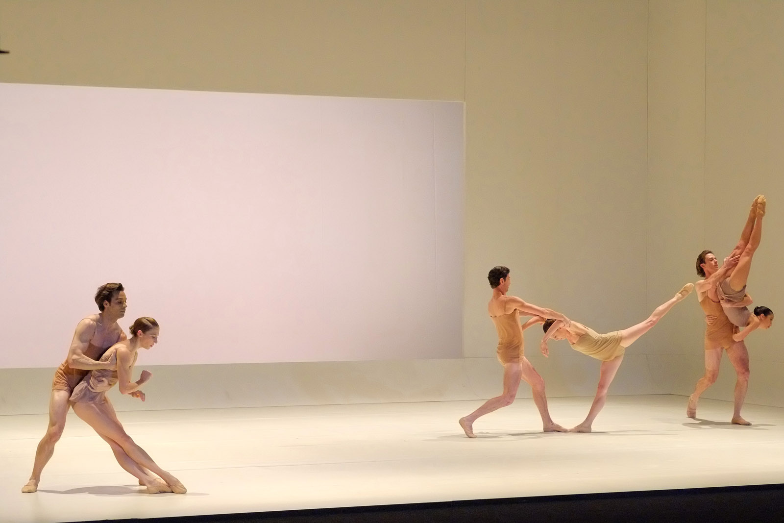 Three couples beige stage set with Daniel Gaudiello, Lana Jones and Andrew Killian, Leanne Stojmenov, The Australian Ballet - CHROMA - Chorographer Wayne McGregor Photography by Kent Johnson.