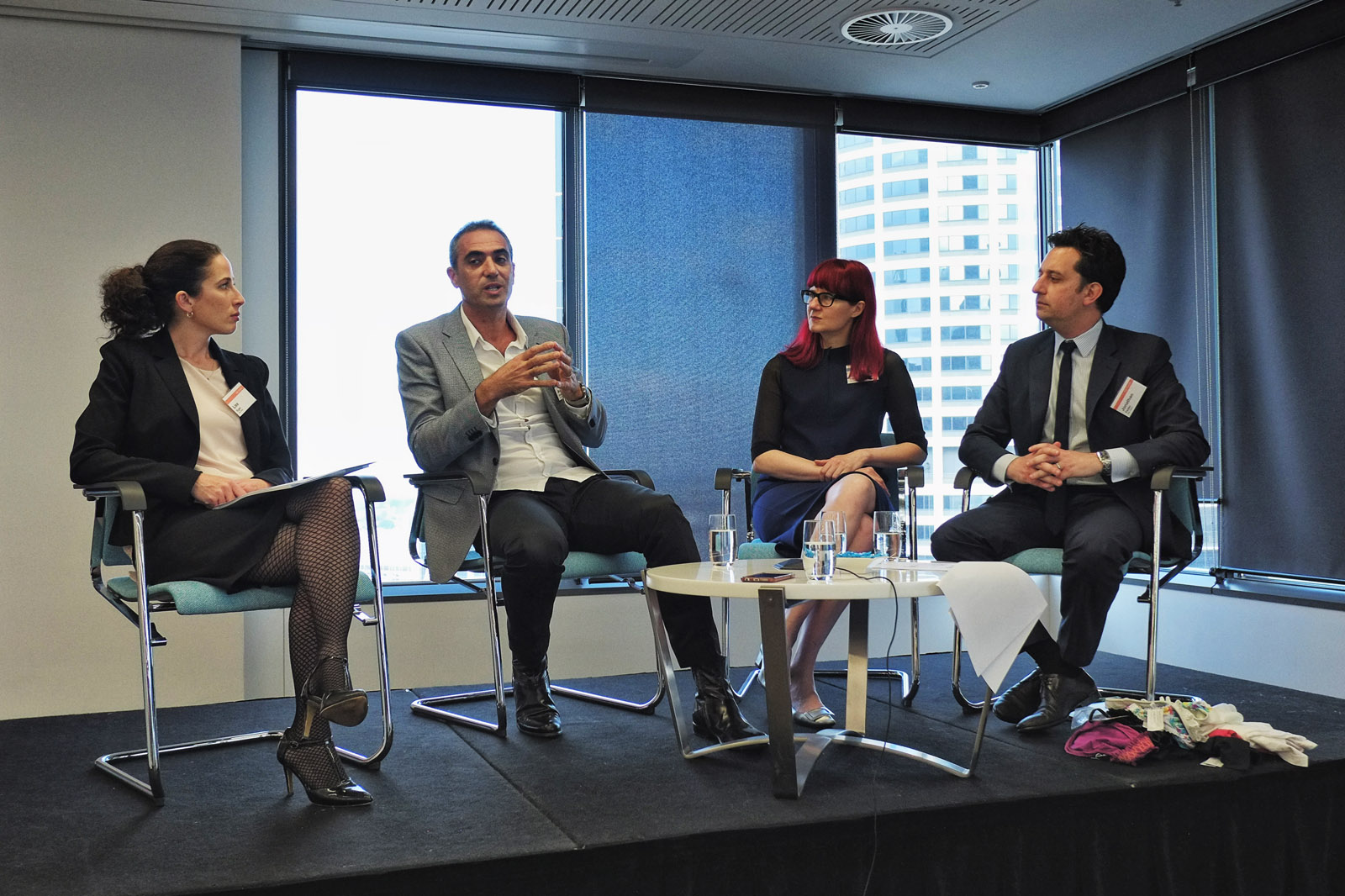 Panel for the Sydney Fashion Law Breakfast at K&L Gates, L to R Lisa Egan, Anthony Halas, Glynis Traill-Nash, Jonathan Feder. Photographed by Kent Johnson, Sydney, Australia.