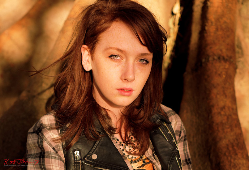 Late teen fashion portrait on location, late afternoon light. Photographed by Kent Johnson.