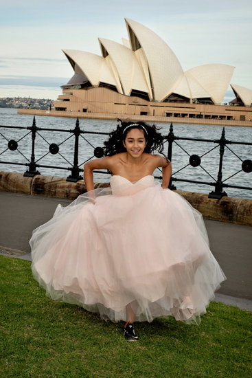 An extra special Special XV Quinceañera dress portrait with the Sydney Opera House and the beautiful Sydney Harbour as a background.