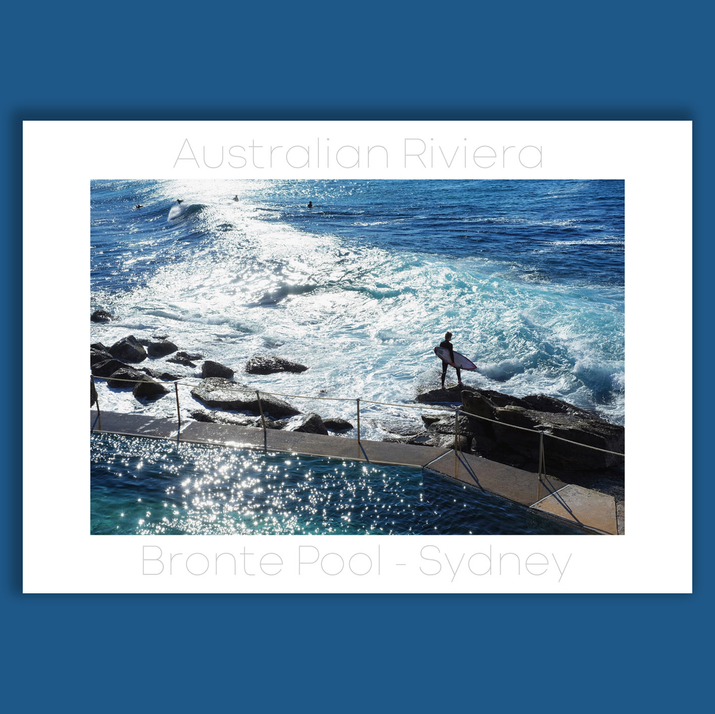 Surfer at the jump point, Bronte Ocean Pool. Australian Riviera, an exhibition of landscape photography of the costal areas of the Eastern Suburbs of Sydney, Australia by photographer Kent Johnson.