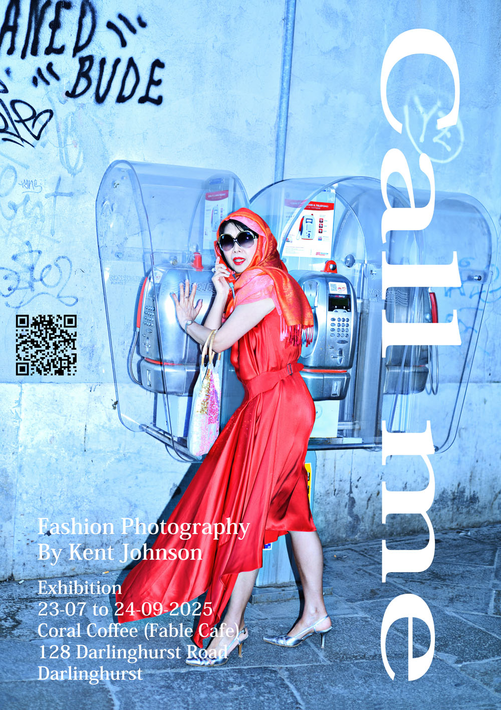 Woman in a red dress holding a public phone in Venice, Italy - Exhibition Poster for Call Me, Survey show of Fashion Photography by Kent Johnson 1982 to 202