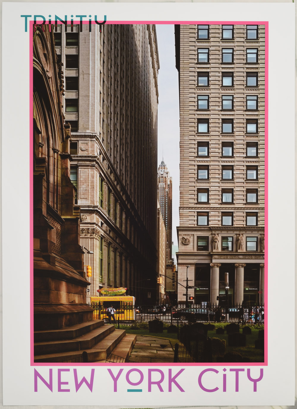 Trinity Churchyard, Nathan's Hot Dogs, 70 Pine Street NYC - The Poster Show, New York City, Art Deco skyscrapers