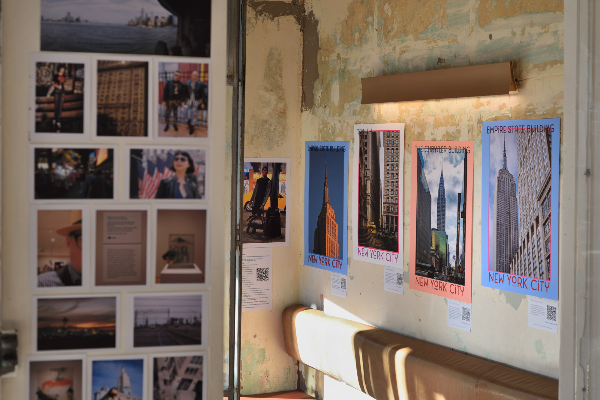Exhibition Installation, wall 1 at Coral Coffee, Darlinghurst, Sydney. The Poster Show, New York City, Art Deco skyscrapers