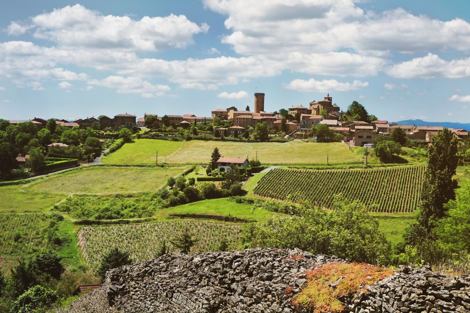 A view across the valley to the medieval village of Oingt from Route de Moiré. Travel photography by Kent Johnson.