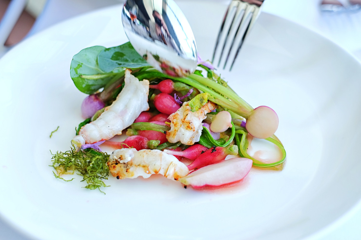 Western Australia scampi, whipped roe; crispy sea grass, turnips and radishes cooked in fragrant emulsion - Icebergs Dining Room And Bar - Bondi Beach, Sydney, Australia.  Photography by Kent Johnson for White Caviar Life.