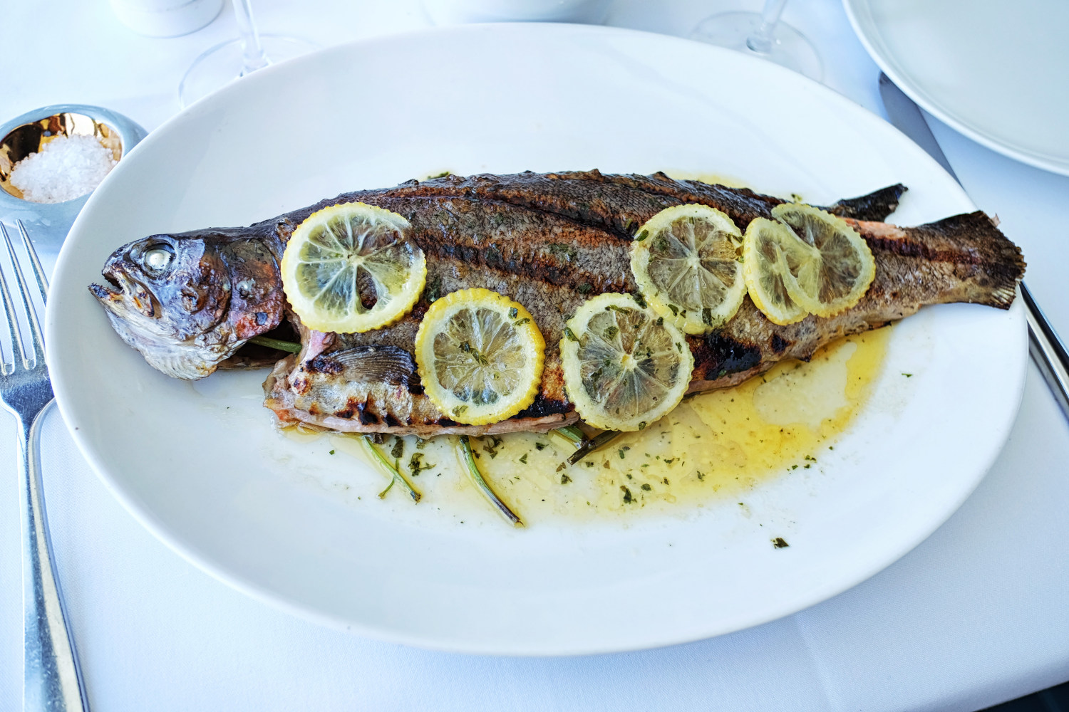Pesce del Giorno, AKA Fish of the Day. Rainbow trout from New South Wales - Icebergs Dining Room And Bar - Bondi Beach, Sydney, Australia. Photography by Kent Johnson