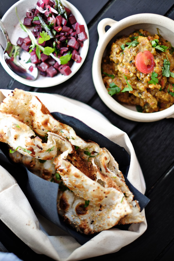 Beetroot Poriyal, Eggplant Bharta, Garlic Naan; at Masala Theory, Surry Hills, . Photographed by Kent Johnson for Street Fashion Sydney.