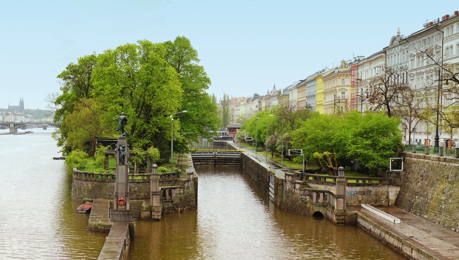 Canal, Most Legií Bridge and views to Kampa Park, Kampa, Malá Strana, Prague, Czechia.