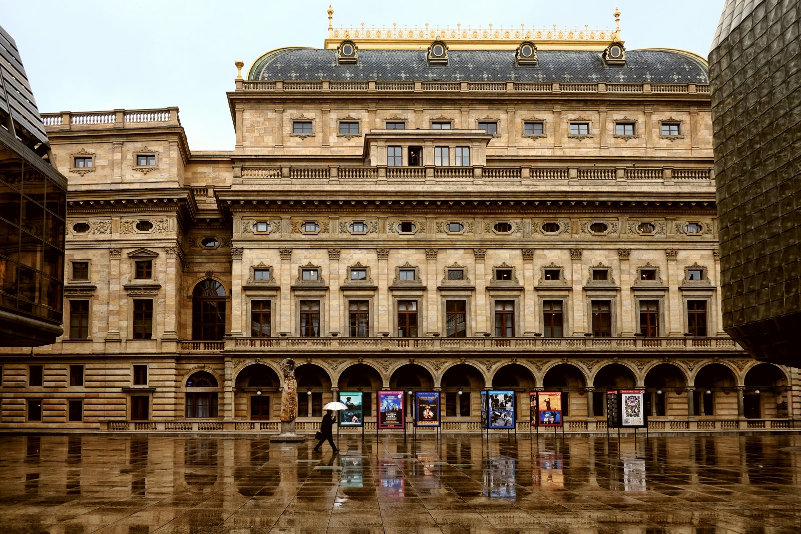 Reflections in water, Plaza of the National Theatre - Národní divadlo in Prague