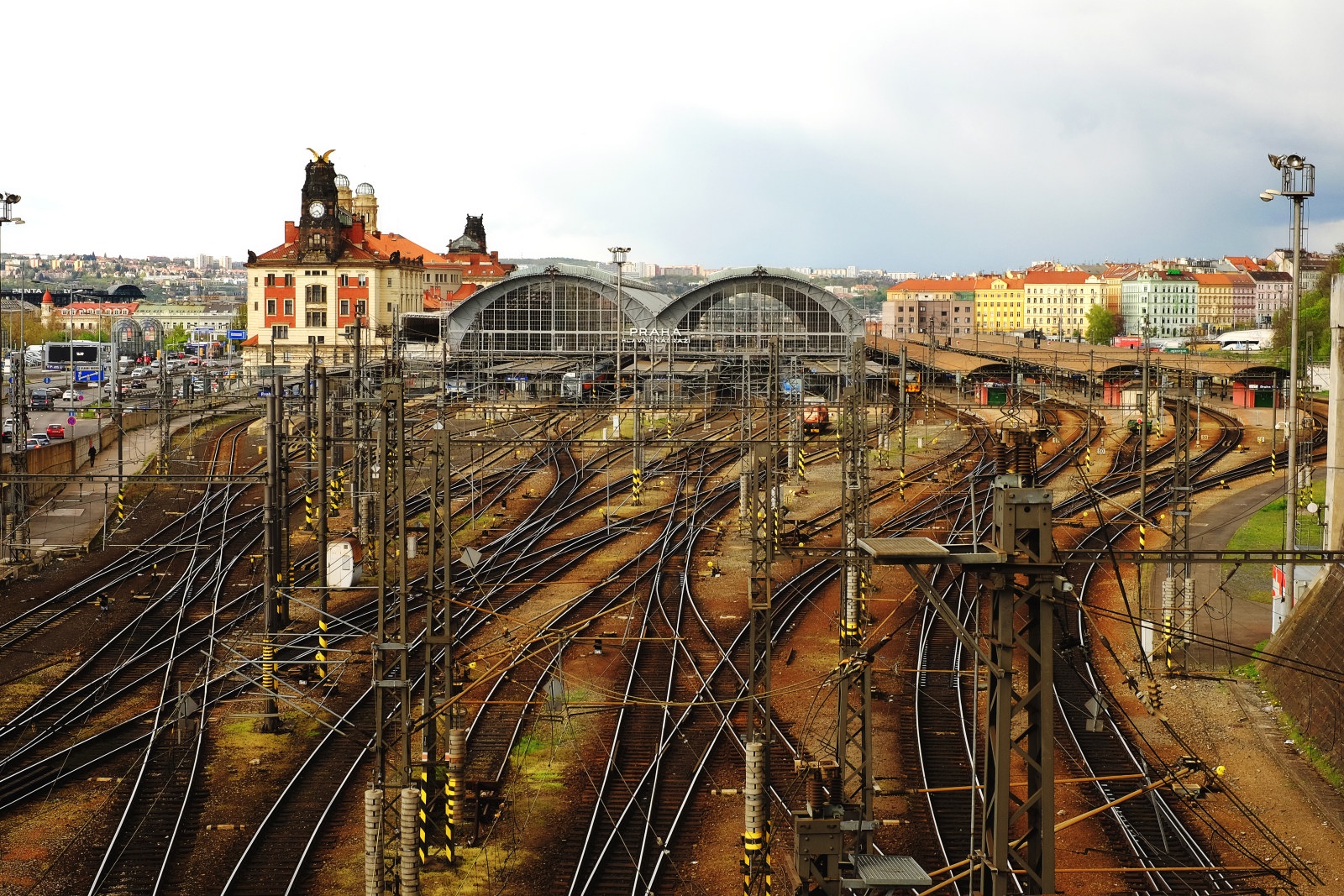 Train tracks approaching Prague Main Railway Station; Praha; Vinohrady; Main building designed by Czech architect Josef Fanta