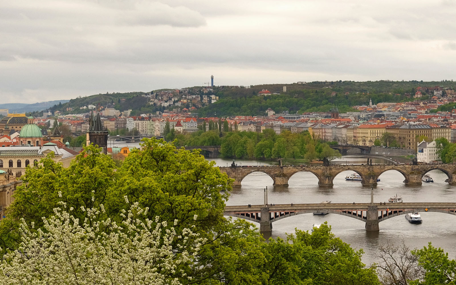 Prague panorama of the old town including 4 bridges, Mánesův Most, Charles Bridge -
Karlův most, most Legií and Jiráskův most. Travel photography by Kent Johnson. 2 of 3