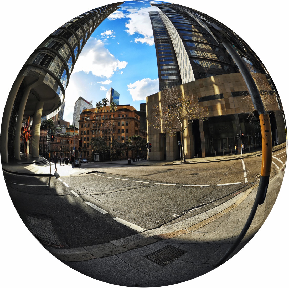 Bent street and the historic Lands Office building, Sydney CBD, fisheye view, photography by Kent Johnson.